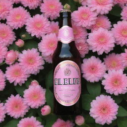 A beautiful bottle of beer surrounded by pink flowers