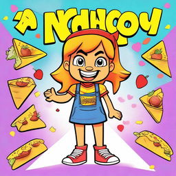 A 90's Nickelodeon-style cartoon poster featuring a lively, anthropomorphic nacho girl character