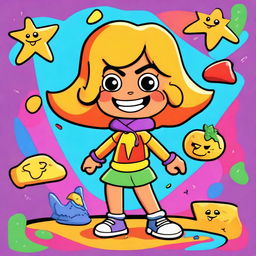 A 90's Nickelodeon-style cartoon poster featuring a lively, anthropomorphic nacho girl character