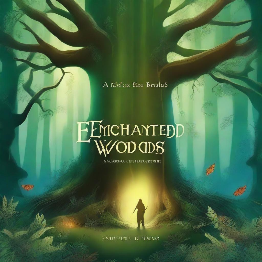 Create a captivating book cover featuring a mystical forest with ancient trees and glowing magical creatures