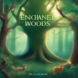 Create a captivating book cover featuring a mystical forest with ancient trees and glowing magical creatures