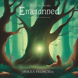 Create a captivating book cover featuring a mystical forest with ancient trees and glowing magical creatures