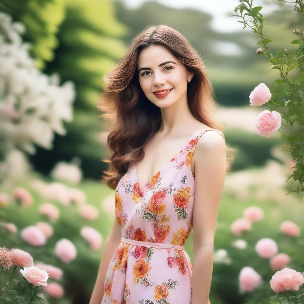 A beautiful woman with elegant features, wearing a stylish dress, standing in a picturesque outdoor setting with flowers and greenery in the background