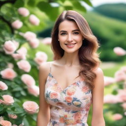 A beautiful woman with elegant features, wearing a stylish dress, standing in a picturesque outdoor setting with flowers and greenery in the background