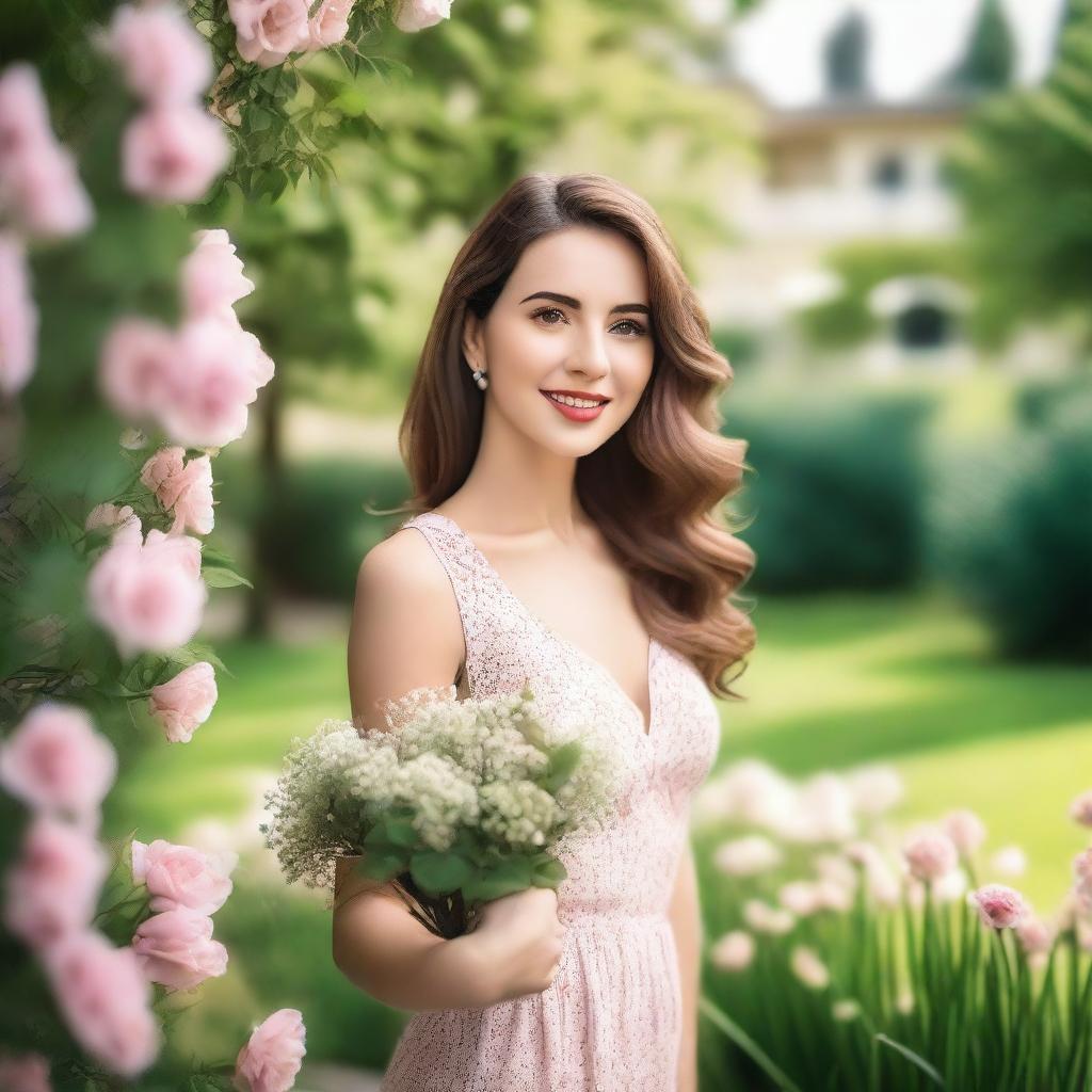 A beautiful woman with elegant features, wearing a stylish dress, standing in a picturesque outdoor setting with flowers and greenery in the background