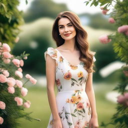 A beautiful woman with elegant features, wearing a stylish dress, standing in a picturesque outdoor setting with flowers and greenery in the background