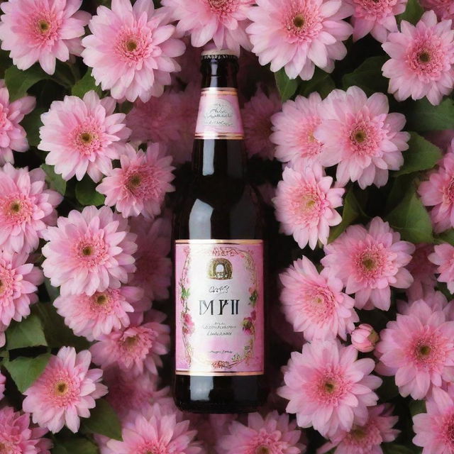 A beautiful bottle of beer surrounded by pink flowers