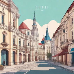 A detailed and vibrant illustration of Cluj city, showcasing its iconic landmarks, bustling streets, and beautiful architecture