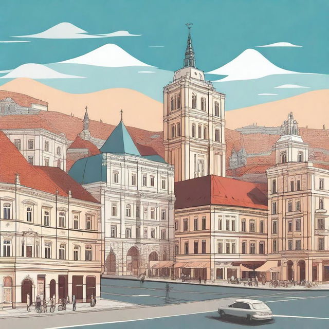 A detailed and vibrant illustration of Cluj city, showcasing its iconic landmarks, bustling streets, and beautiful architecture