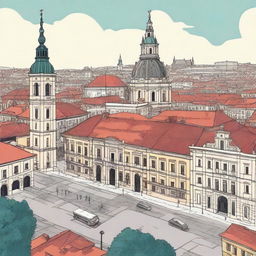 A detailed and vibrant illustration of Cluj city, showcasing its iconic landmarks, bustling streets, and beautiful architecture