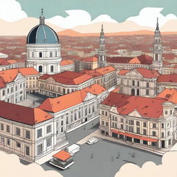 A detailed and vibrant illustration of Cluj city, showcasing its iconic landmarks, bustling streets, and beautiful architecture