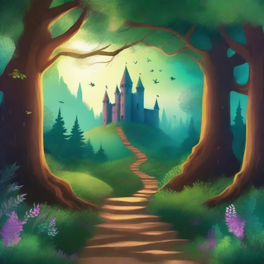 Create a captivating book cover with an enchanting forest scene, featuring a mysterious pathway leading to an ancient castle in the distance