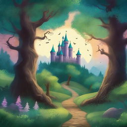 Create a captivating book cover with an enchanting forest scene, featuring a mysterious pathway leading to an ancient castle in the distance