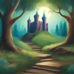 Create a captivating book cover with an enchanting forest scene, featuring a mysterious pathway leading to an ancient castle in the distance