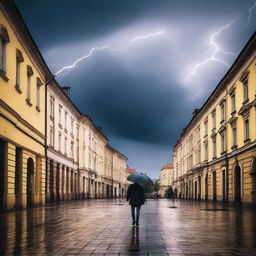 A dramatic scene of a man walking alone through the streets of Cluj city during a thunderstorm