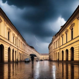 A dramatic scene of a man walking alone through the streets of Cluj city during a thunderstorm