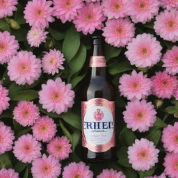 A beautiful bottle of beer surrounded by pink flowers