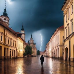 A dramatic scene of a man walking alone through the streets of Cluj city during a thunderstorm