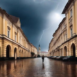 A dramatic scene of a man walking alone through the streets of Cluj city during a thunderstorm