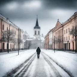 A somber scene of a man walking alone through the city of Cluj during winter