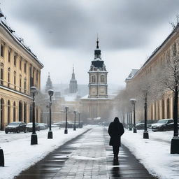 A somber scene of a man walking alone through the city of Cluj during winter