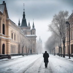 A somber scene of a man walking alone through the city of Cluj during winter