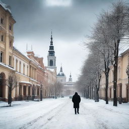 A somber scene of a man walking alone through the city of Cluj during winter