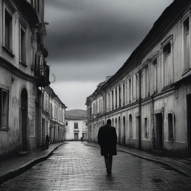 A melancholic scene of a man walking alone through a run-down city of Cluj