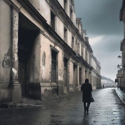 A melancholic scene of a man walking alone through a run-down city of Cluj