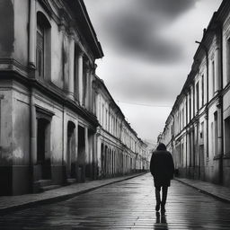 A melancholic scene of a man walking alone through a run-down city of Cluj