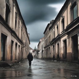 A melancholic scene of a man walking alone through a run-down city of Cluj