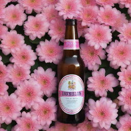 A beautiful bottle of beer surrounded by pink flowers