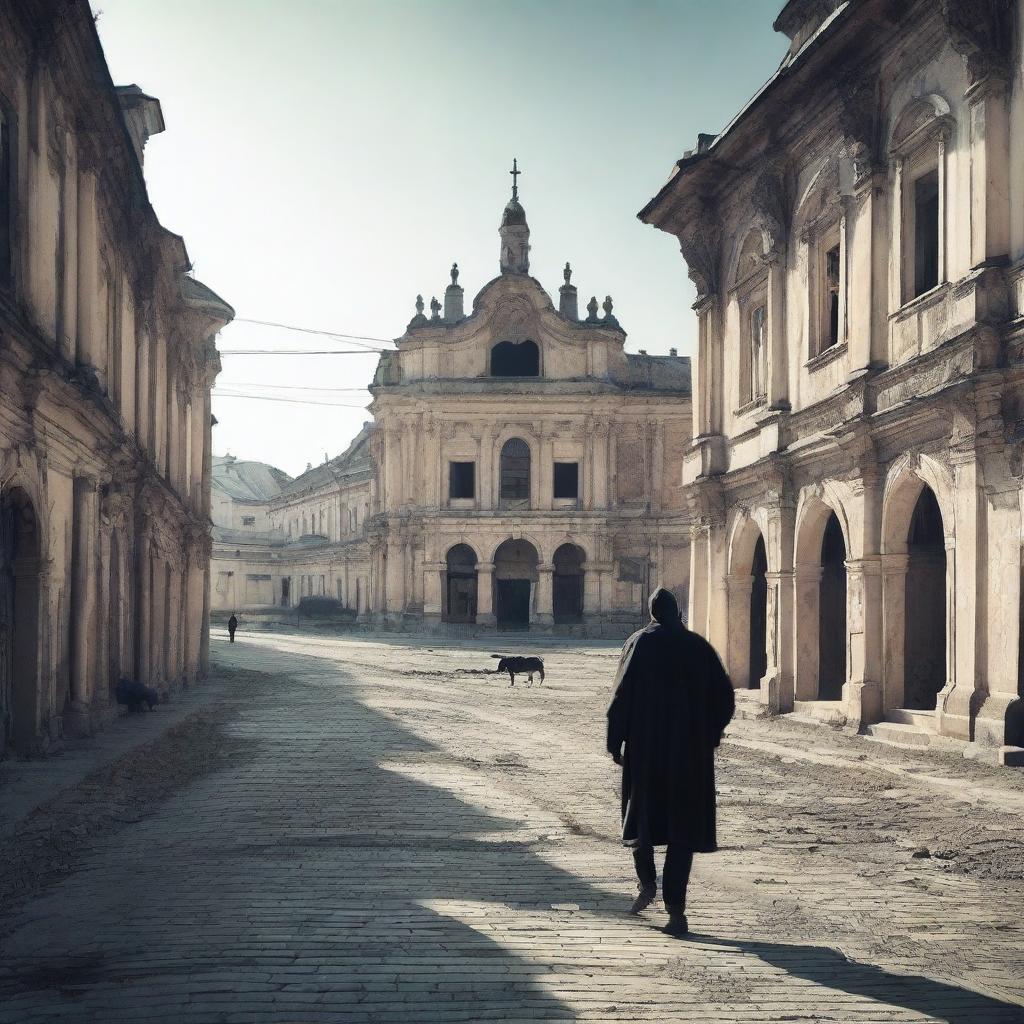 A melancholic scene of a man walking alone through a rundown city of Cluj