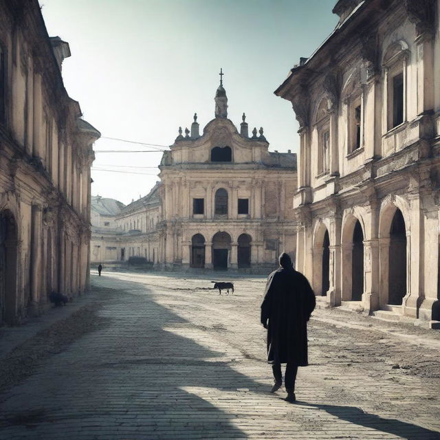 A melancholic scene of a man walking alone through a rundown city of Cluj