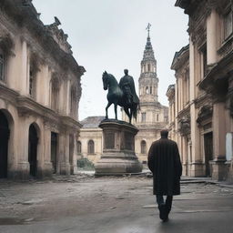 A melancholic scene of a man walking alone through a rundown city of Cluj