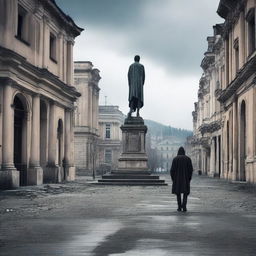 A melancholic scene of a man walking alone through a rundown city of Cluj