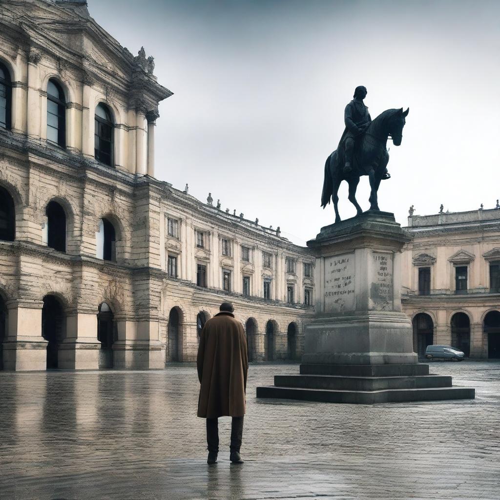 A melancholic scene of a man walking alone through a rundown Cluj, specifically in Unirii Square