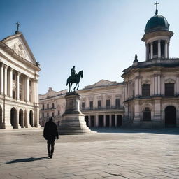 A melancholic scene of a man walking alone through a rundown Cluj, specifically in Unirii Square