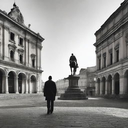 A melancholic scene of a man walking alone through a rundown Cluj, specifically in Unirii Square