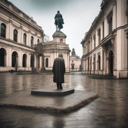 A melancholic scene of a man walking alone through a rundown Cluj, specifically in Unirii Square