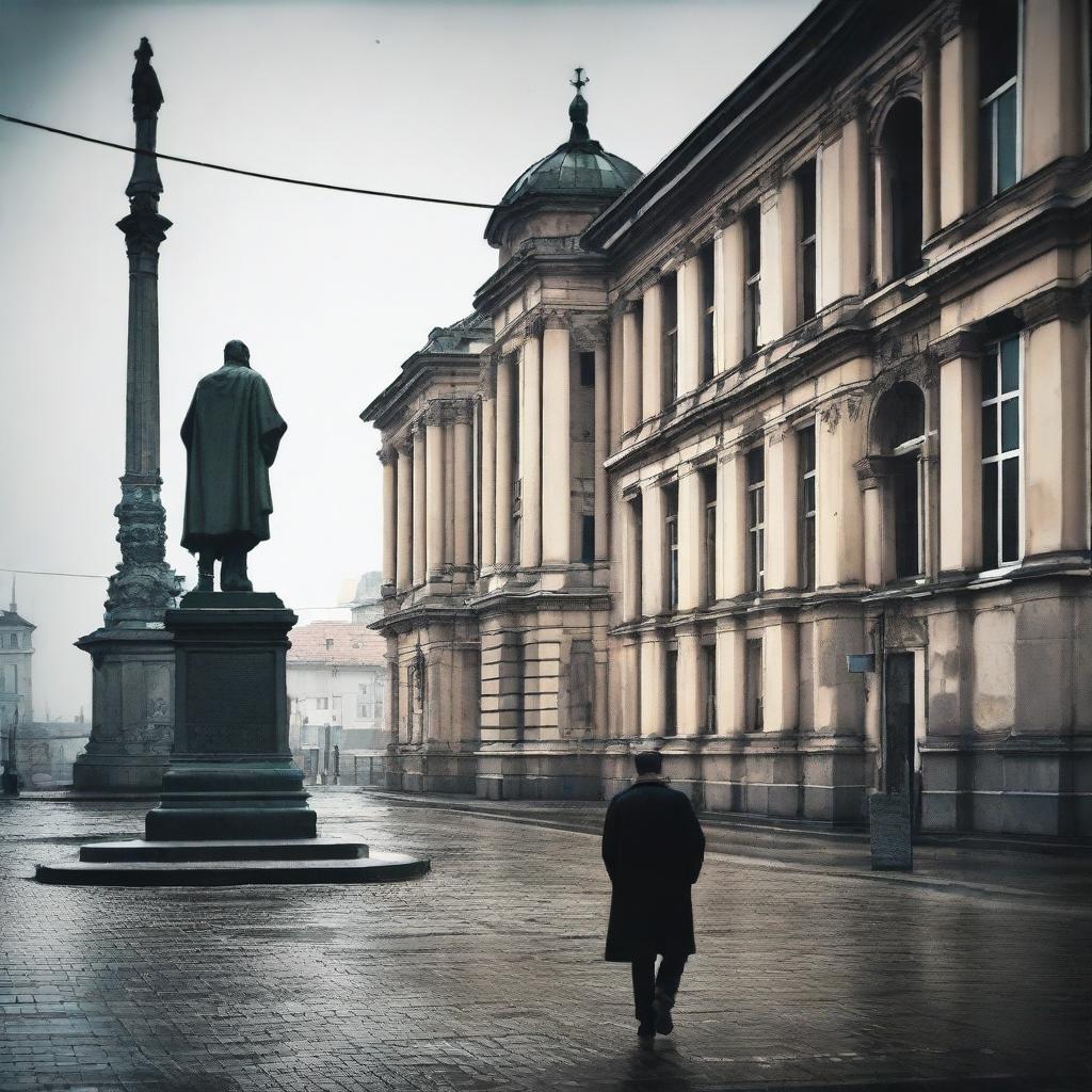 A melancholic scene of a man walking alone through a rundown Cluj