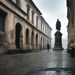 A melancholic scene of a man walking alone through a rundown Cluj