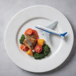 A gourmet meal beautifully arranged on a plate with a small, intricately detailed model airplane expressing passion for travel and culinary arts.