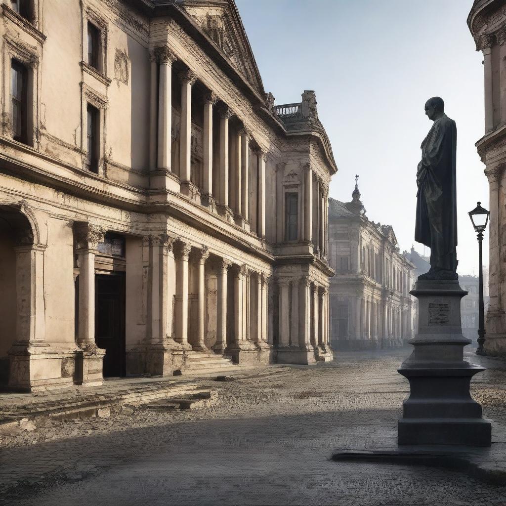 A melancholic scene of a man walking alone through a rundown Cluj