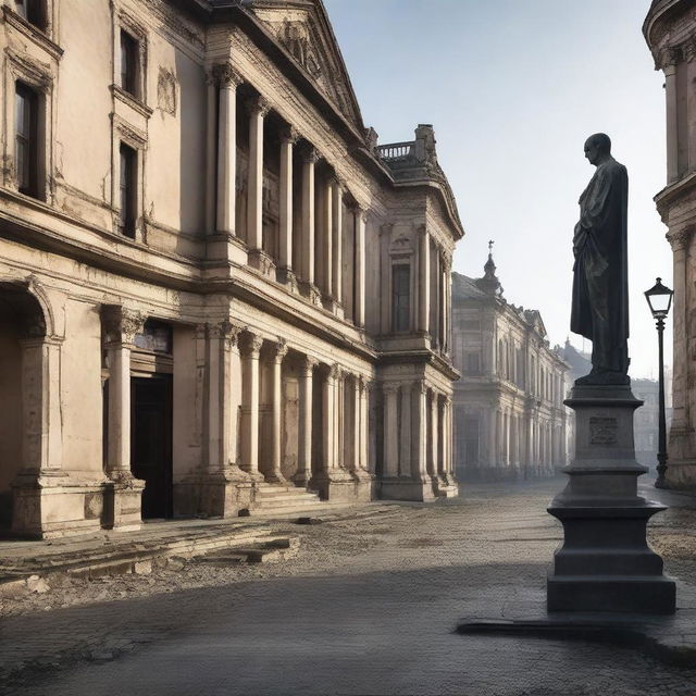 A melancholic scene of a man walking alone through a rundown Cluj