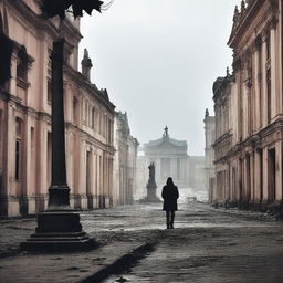 A melancholic scene of a man walking alone through a rundown Cluj