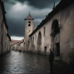 A dark and moody scene depicting the city walls of Cluj in a rundown state