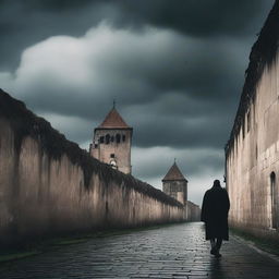 A dark and moody scene depicting the city walls of Cluj in a rundown state