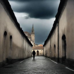 A dark and moody scene depicting the city walls of Cluj in a rundown state