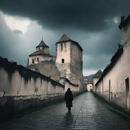 A dark and moody scene depicting the city walls of Cluj in a rundown state